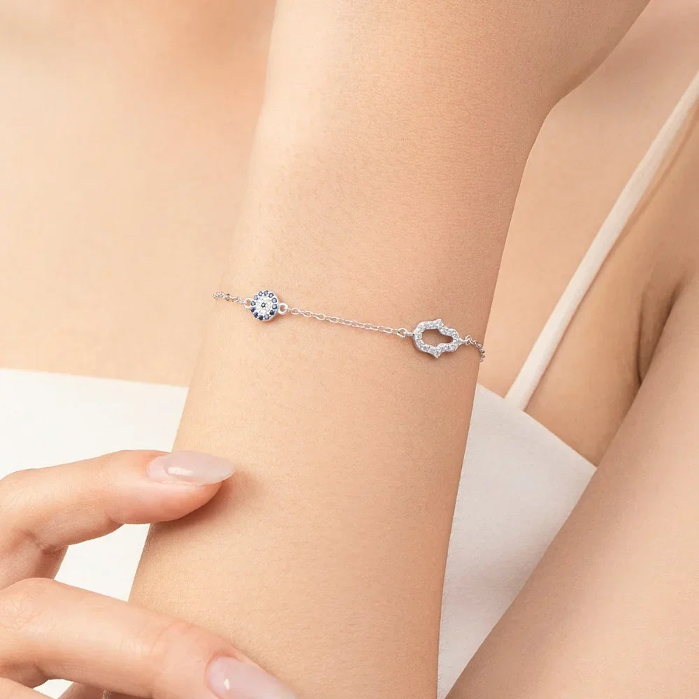 Sterling Silver Hamsa Hand and Evil Eye Bracelet - Lucky Eye Bracelet