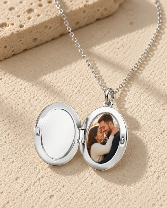 Oval Photo Locket Necklace with Picture Inside - open, showing the photo inside