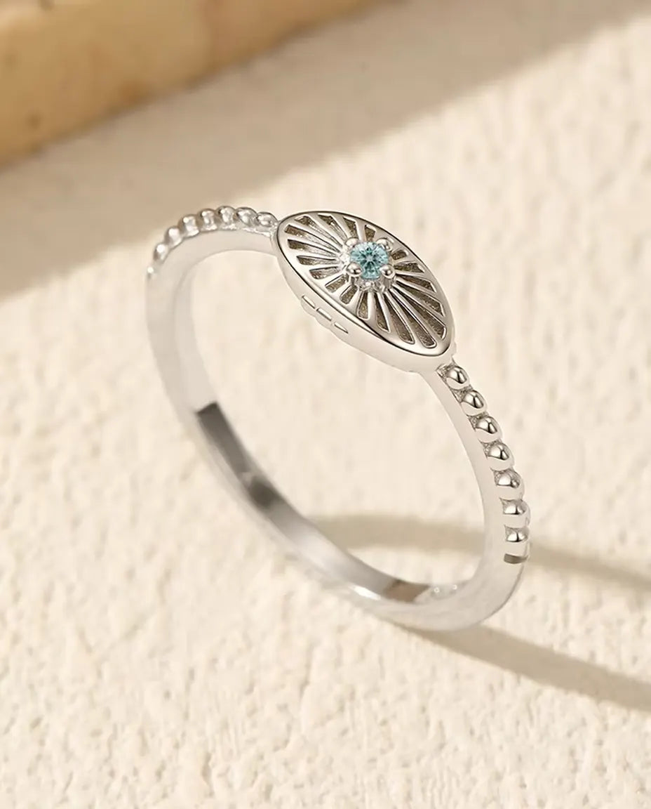 Sunburst Oval Signet Ring - Aqua Moissanite on a Beaded 925 Sterling Silver Band, 5 x 9 mm, Sizes 5-9