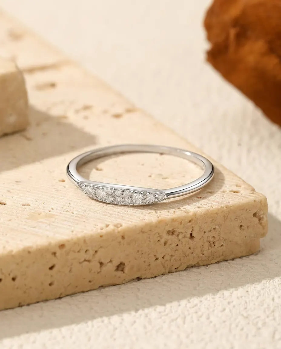 Tapered Pave Moissanite Ring - Twelve D Color Stones on a 0.9 mm Band, 925 Sterling Silver, Sizes 5-9