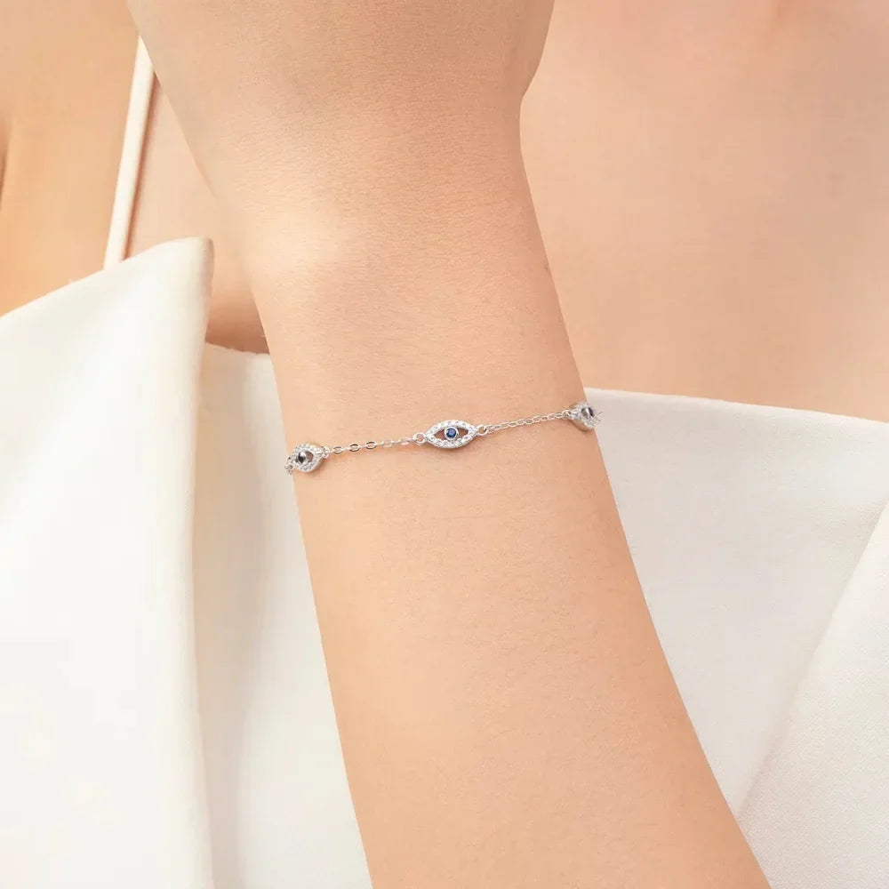 Triple Evil Eye Sterling Silver Protection Bracelet - Turkish Eye Bracelet