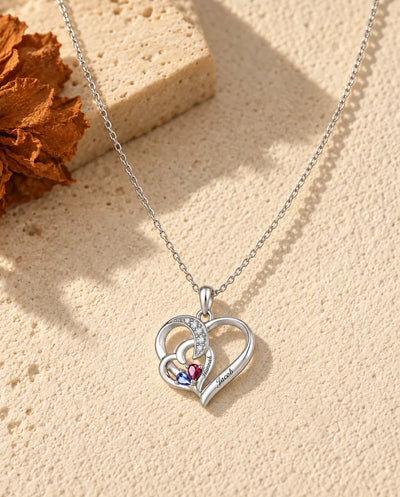 Personalized Birthstone Necklace With 2 Names - Interlocking Heart Pendant With Two Pear Simulated Birthstones, Silver