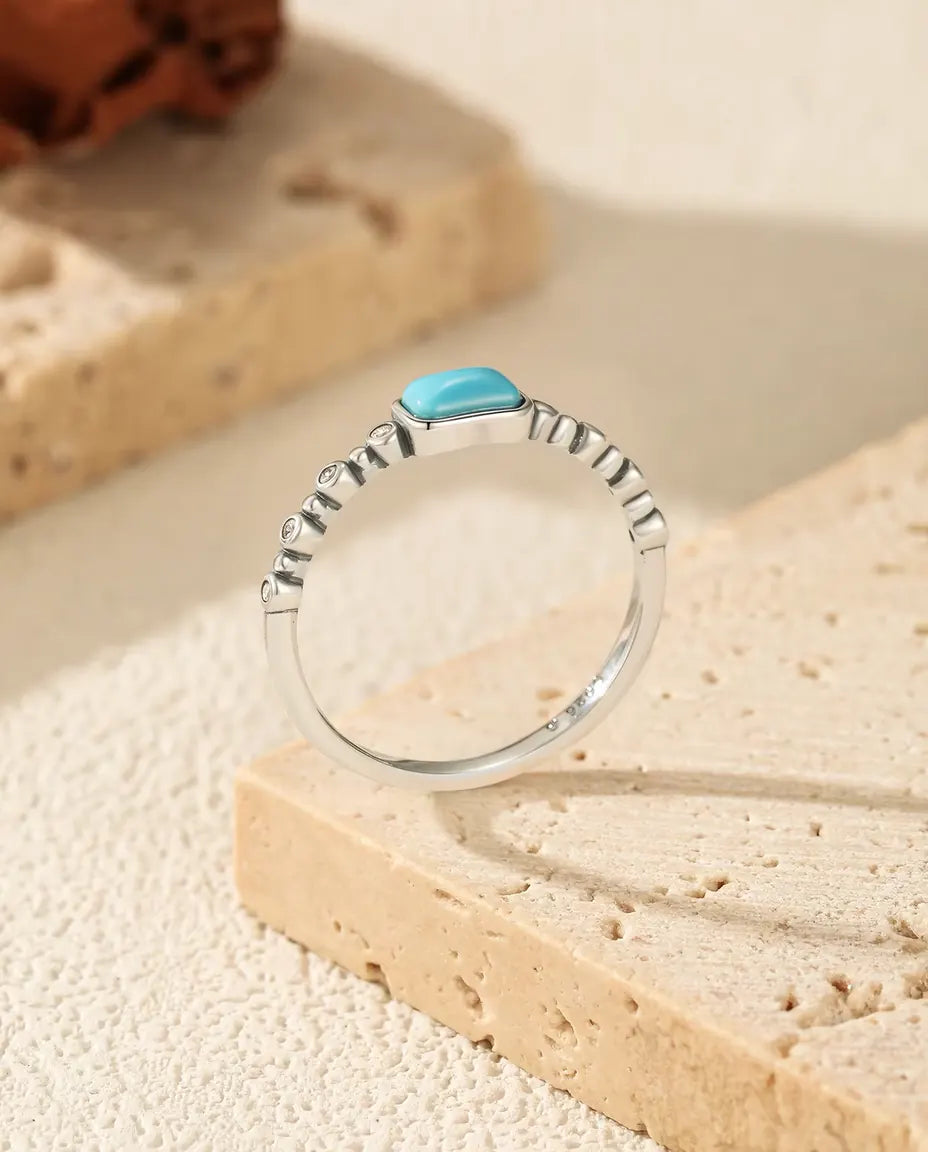 Turquoise Ring for Women - Rectangular Cabochon on a Beaded Bezel Band, Sizes 5 to 9, 925 Sterling Silver