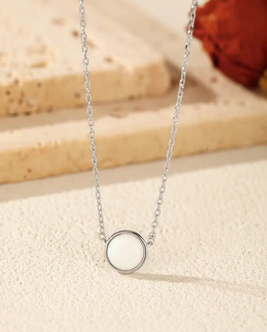 Opal Necklace in 925 Sterling Silver - 6 mm Round White Lab Created Opal Bezel Pendant on a Fine Cable Chain, Dainty Everyday Necklace Gift for Her