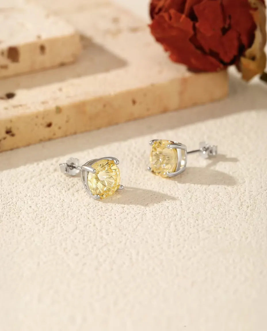 Yellow Cubic Zirconia Stud Earrings in 925 Sterling Silver - Round Light Yellow Firework Cut Stone, 5, 6, 7 or 8 mm Four Prong Studs, Gift for Her