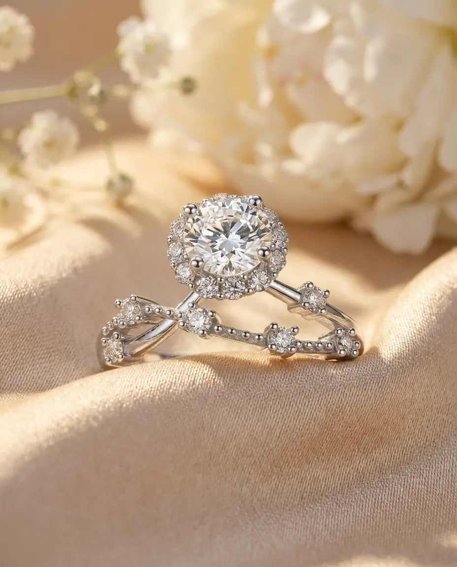 0.8ct Round Halo Moissanite Ring - Vintage Twisted Band in Sterling Silver - IfShe Jewelry