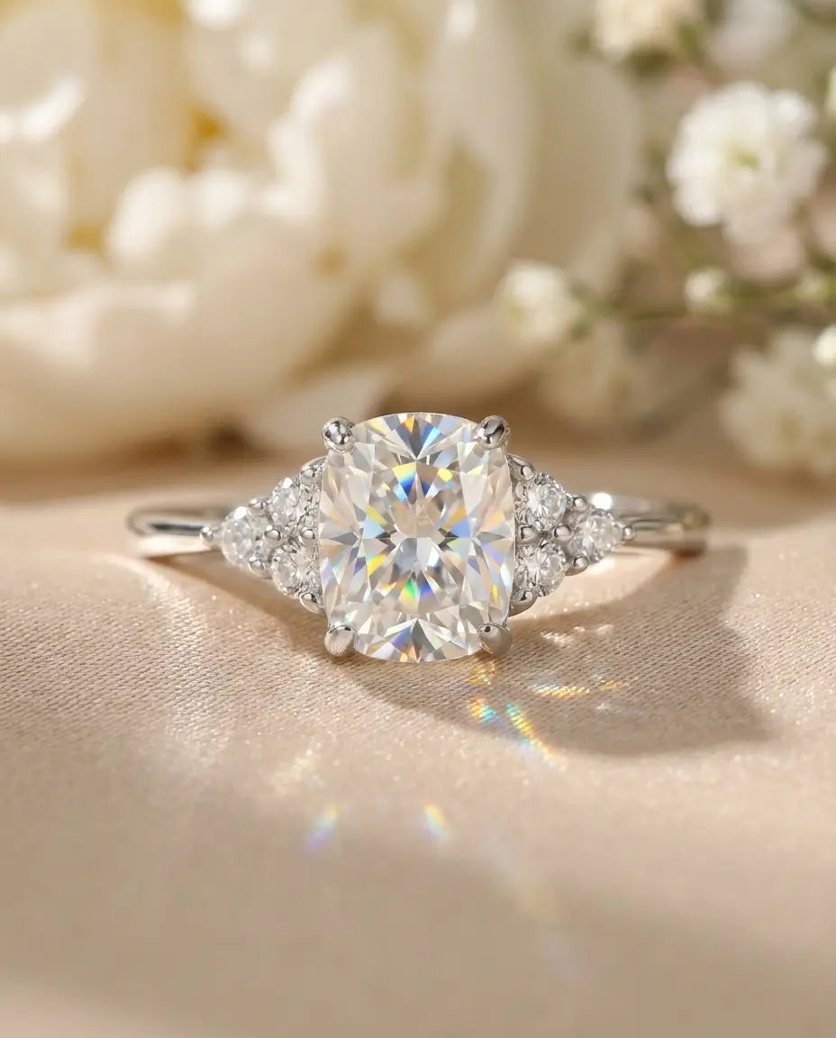 1ct Elongated Cushion Moissanite Engagement Ring - D Color VVS1 Silver Cluster Ring - IfShe Jewelry