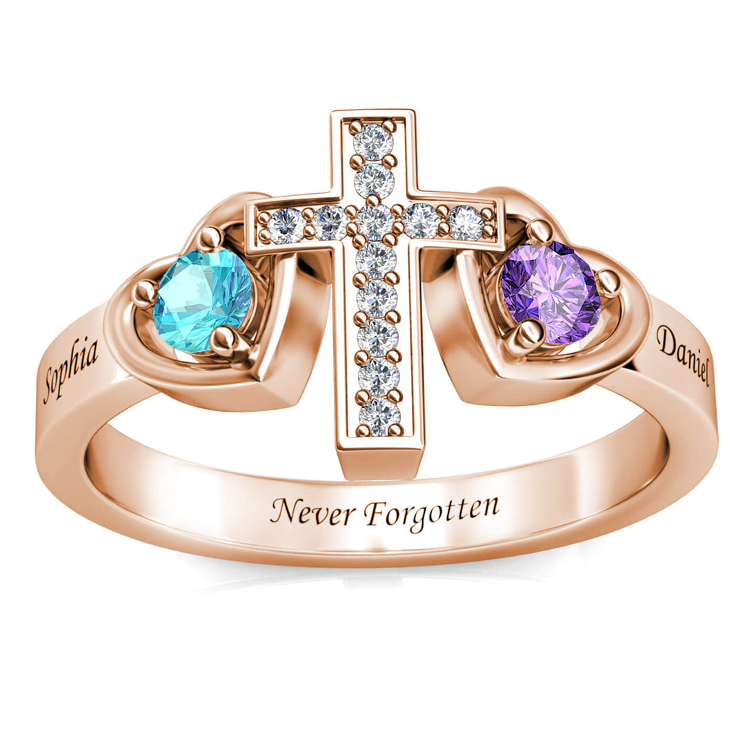 Personalized 2 Birthstone Ring - Engraved Sterling Silver Name Ring - Rose Gold - IFSHE