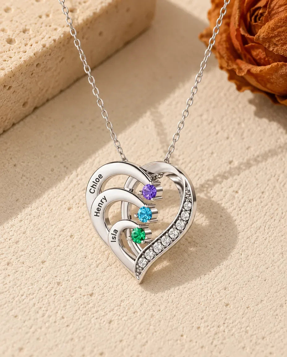 Personalized 3 Name Birthstone Necklace - front view in silver