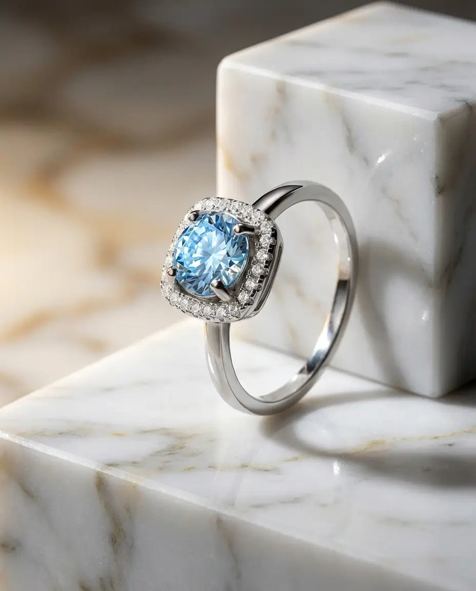 Classic Halo Sea Blue Moissanite Ring - 1 Carat VVS1 in 925 Sterling Silver IfShe Jewelry