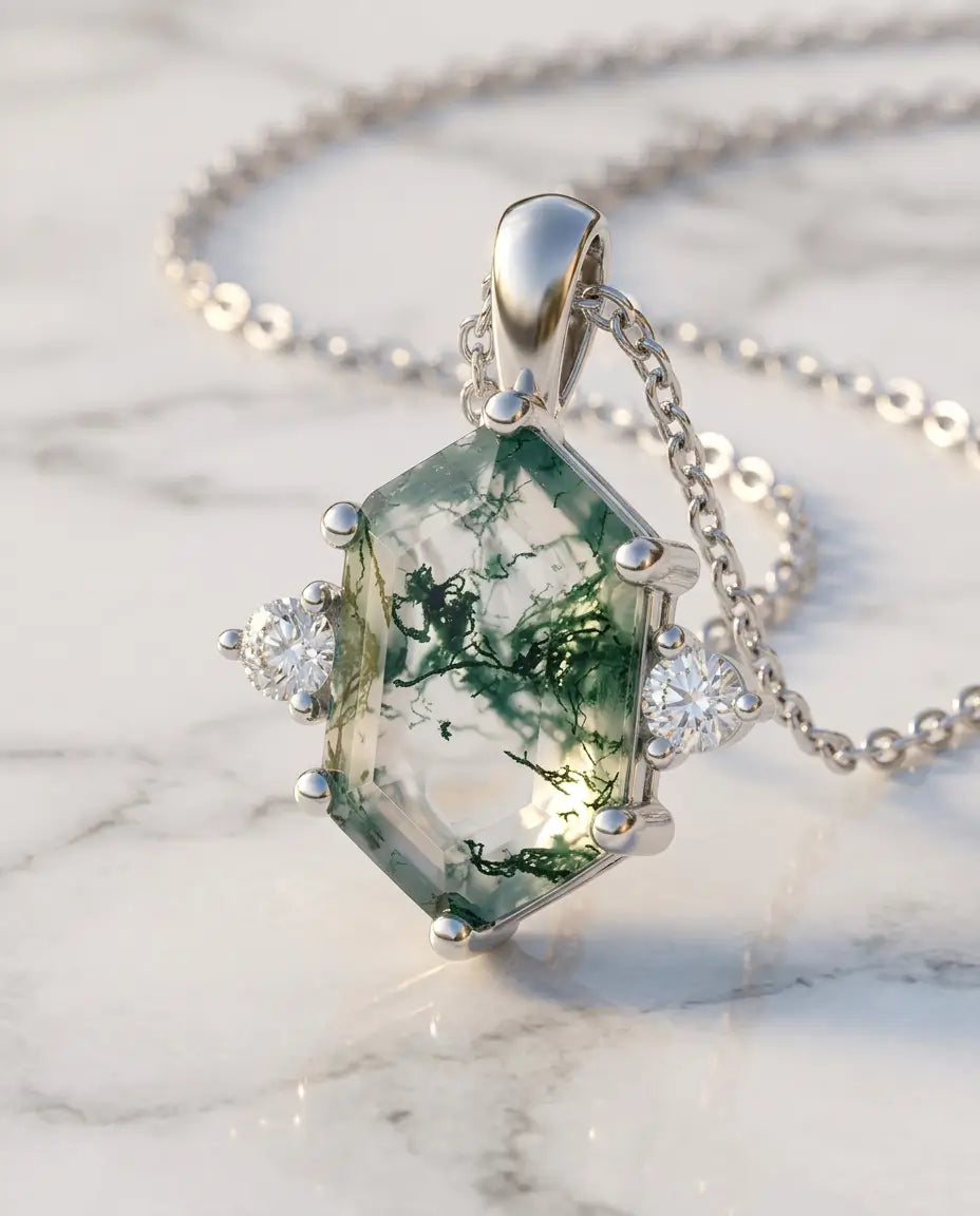 Elegant Hexagon Cut Natural Green Moss Agate Pendant Necklace in 925 Sterling Silver