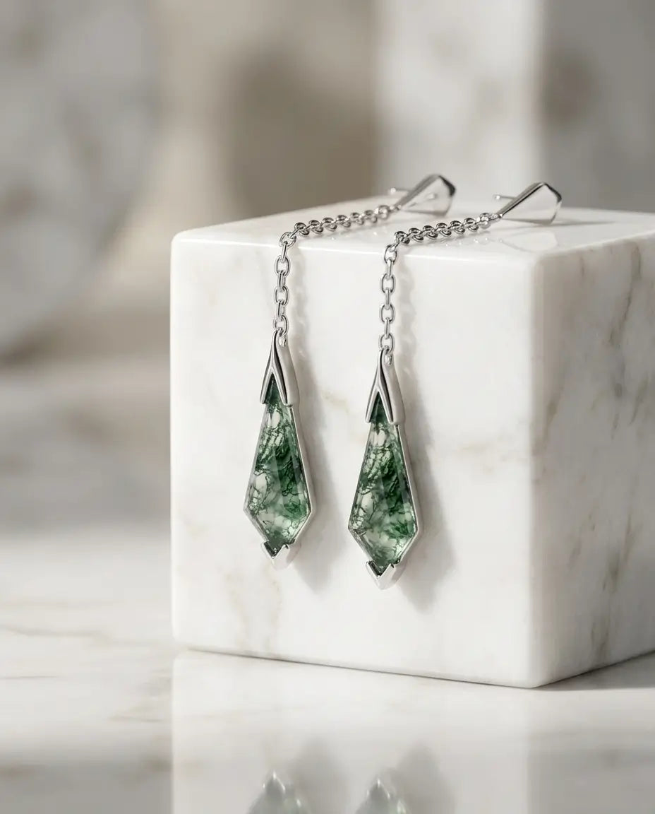Elegant Kite-Shaped Moss Agate Chain Drop Earrings - Sterling Silver IfShe UK