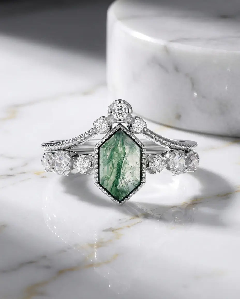 Elongated Hexagon Moss Agate Bridal Set - Vintage Milgrain Art Deco Ring IfShe Jewelry