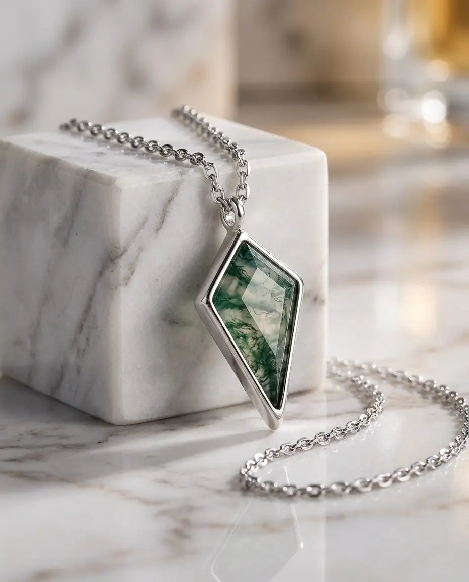 Geometric Kite Moss Agate Necklace - Sterling Silver Rhombus Pendant IfShe Jewelry
