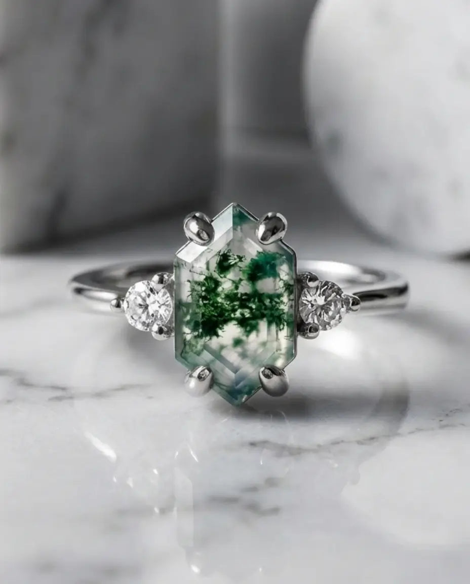 Hexagon Moss Agate Adjustable Ring - Trilogy Design in Silver or Gold IfShe Jewelry