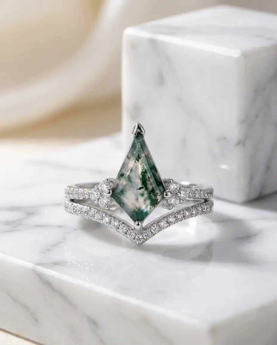 Kite-Cut Moss Agate Bridal Set - Chevron Stacking Ring in Silver or Gold IfShe Jewelry