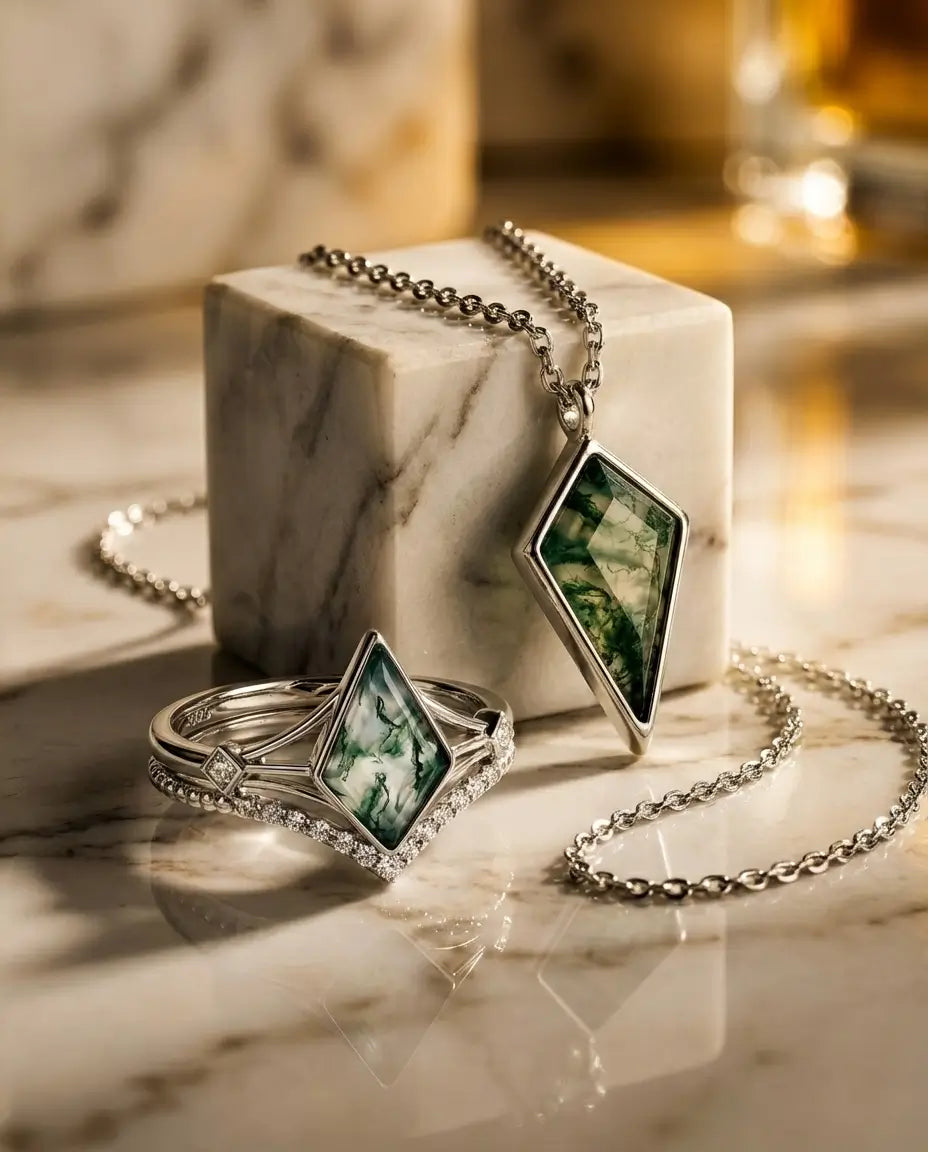 Kite Cut Moss Agate Jewelry Set - Vintage Sterling Silver Ring & Necklace Bundle IfShe Jewelry