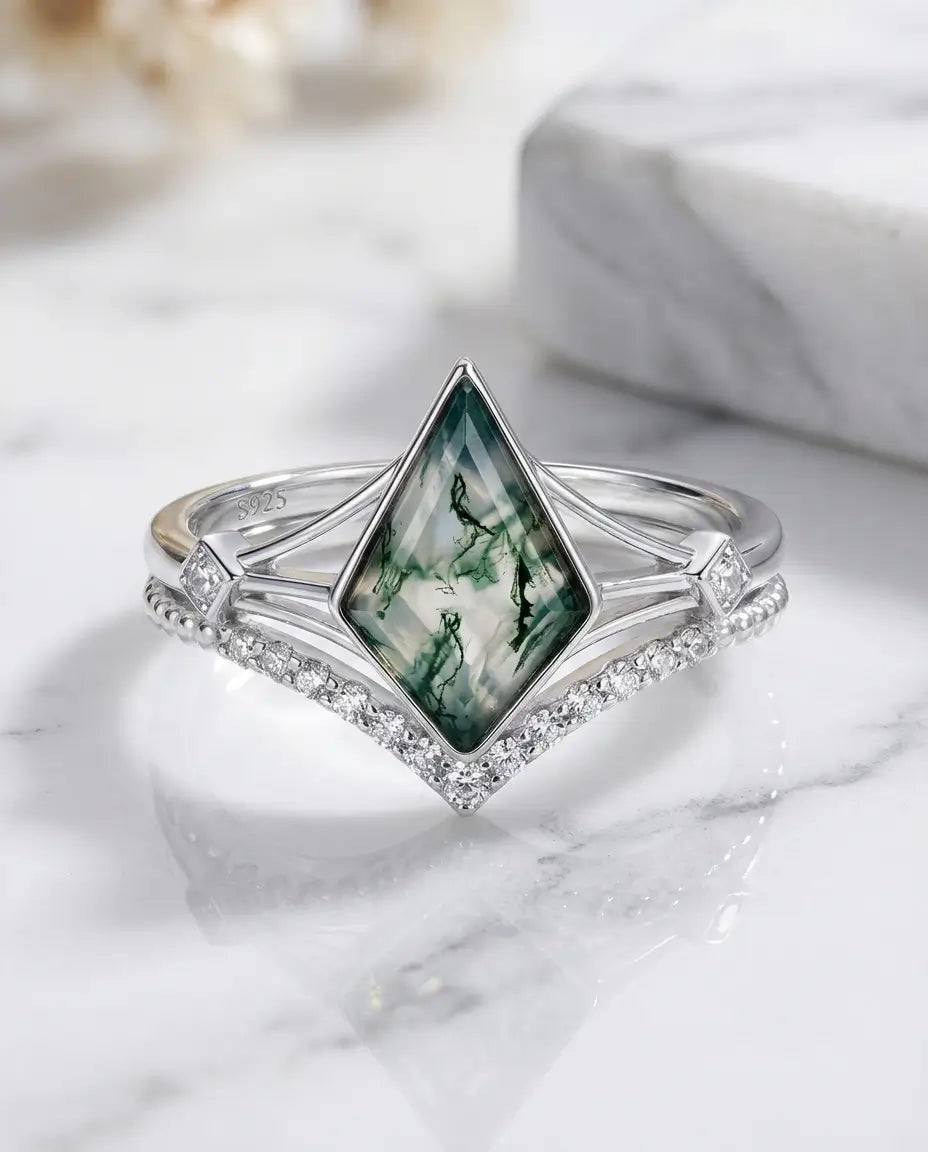 Kite Moss Agate Wedding Set - Geometric Sterling Silver Ring Stack IfShe Jewelry
