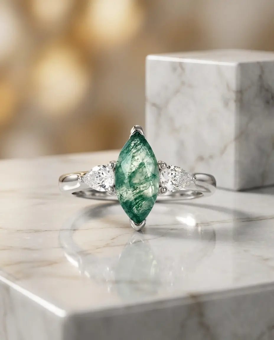Marquise Moss Agate Ring - Vintage Three-Stone Design in White Gold Plated Silver IfShe Jewelry
