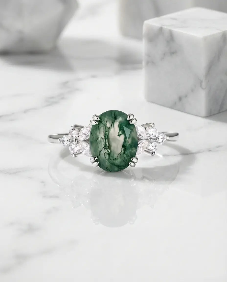 Oval Moss Agate Ring - 925 Sterling Silver Nature Jewelry IfShe