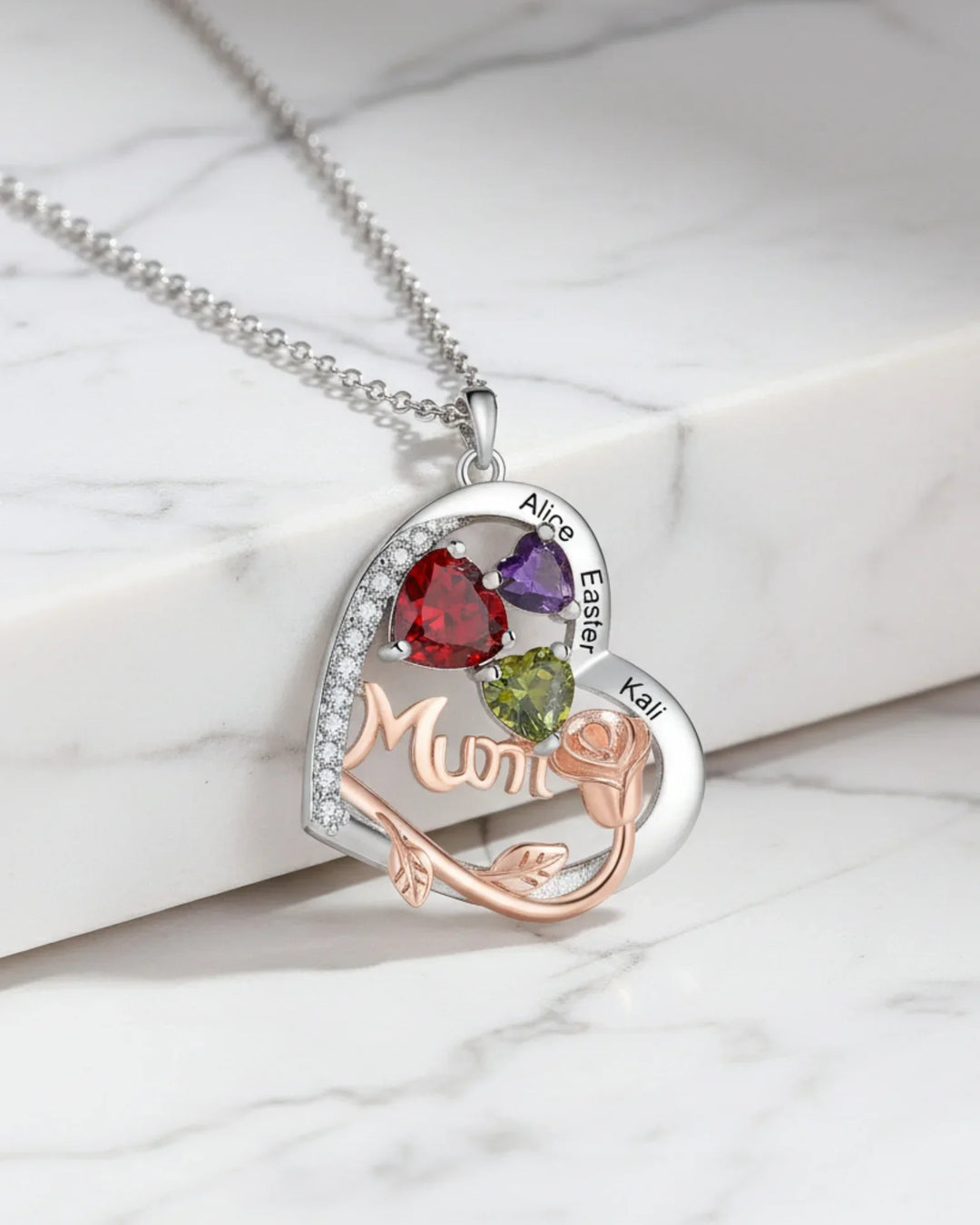 Personalized Heart Birthstone Necklace for Mum – Engraved with 1-4 Names – Family Necklace, Mother's Day Gift for Her