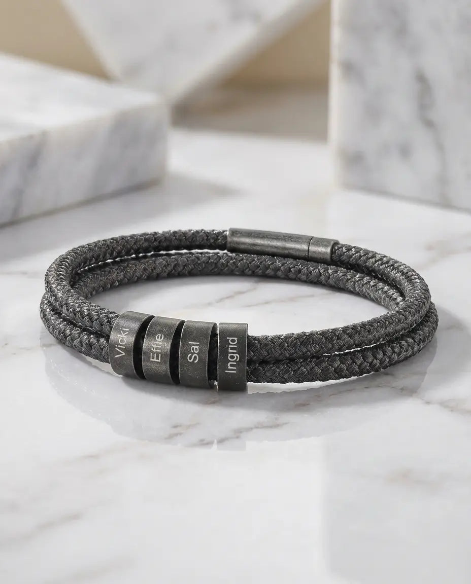 Personalized Men's Braided Rope Bracelet - Custom Engraved Name Beads IfShe Jewelry