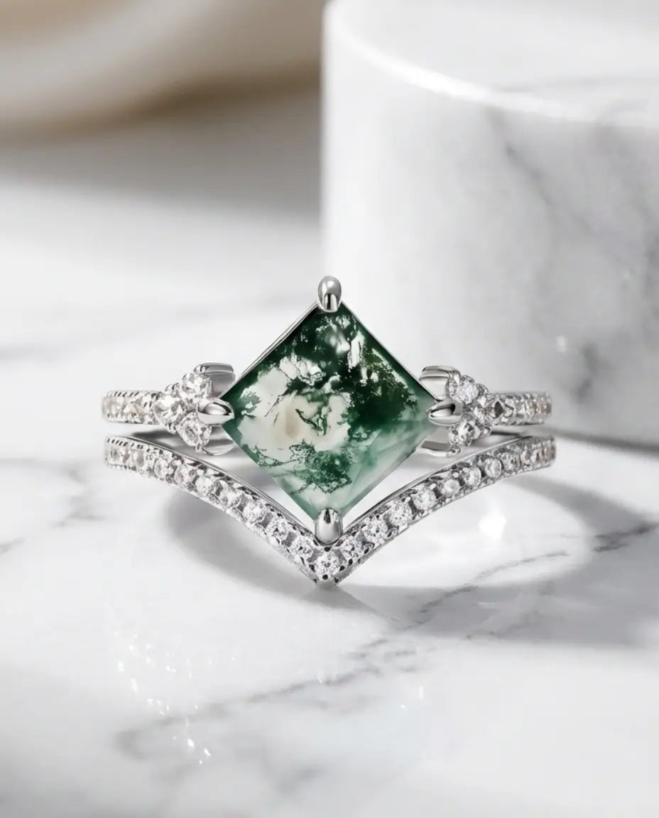 Princess-Cut Moss Agate Bridal Set - Kite Setting with Chevron Wedding Band IfShe Jewelry
