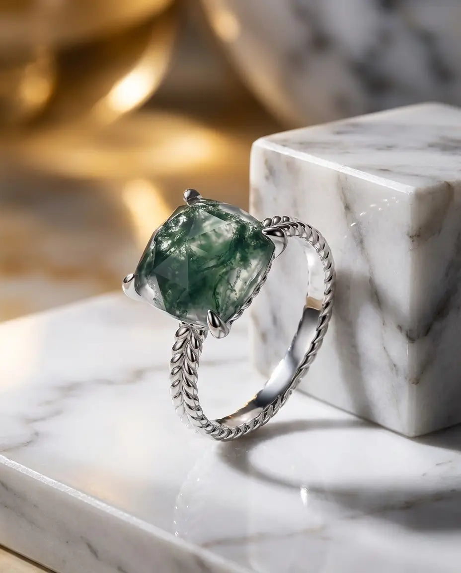 Statement Cushion Cut Moss Agate Ring - Twisted Rope Band in Sterling Silver IfShe Jewelry