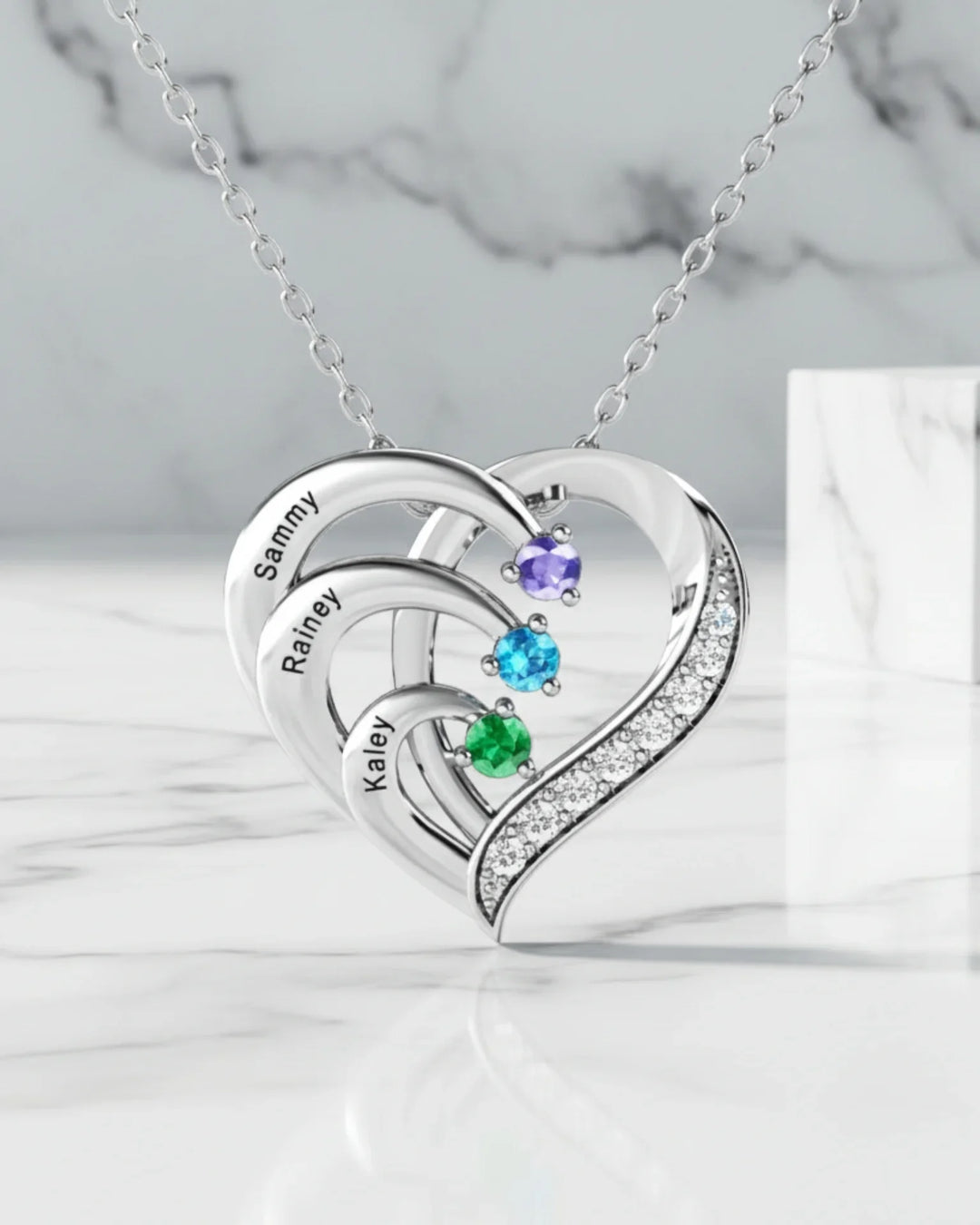 Sterling Silver Heart Name Personalized Necklace with 3 Birthstones