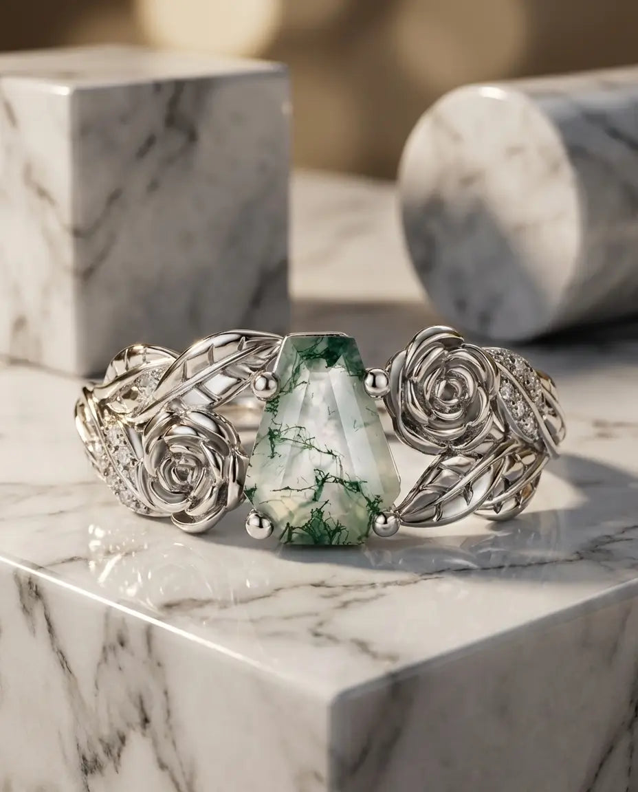 Vintage Coffin Cut Moss Agate Ring - Sterling Silver Rose & Leaf Design IfShe Jewelry