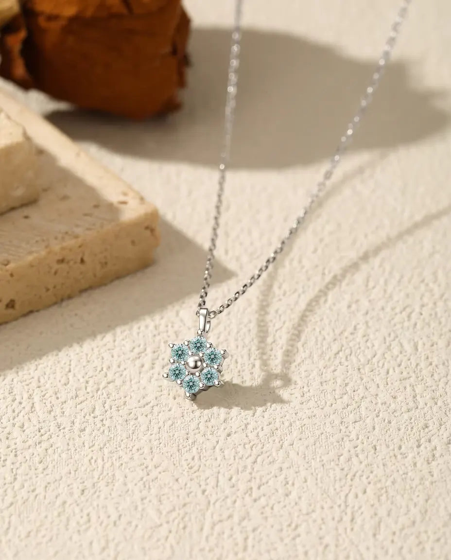 Aqua Blue Moissanite Flower Necklace - Six 2 mm Petals around a Polished Silver Bead, 925 Sterling Silver