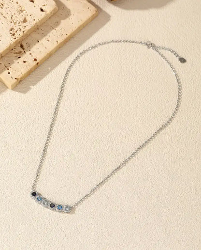 Blue Ombre Bar Necklace - Six Halo Set Blue Stones on a 34 mm Curved Bar, 925 Sterling Silver, 40 + 5 cm