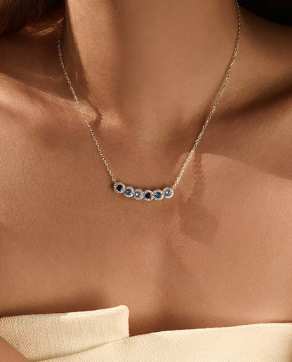 Blue Ombre Bar Necklace - Six Halo Set Blue Stones on a 34 mm Curved Bar, 925 Sterling Silver, 40 + 5 cm