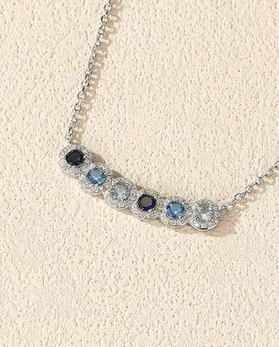 Blue Ombre Bar Necklace - Six Halo Set Blue Stones on a 34 mm Curved Bar, 925 Sterling Silver, 40 + 5 cm