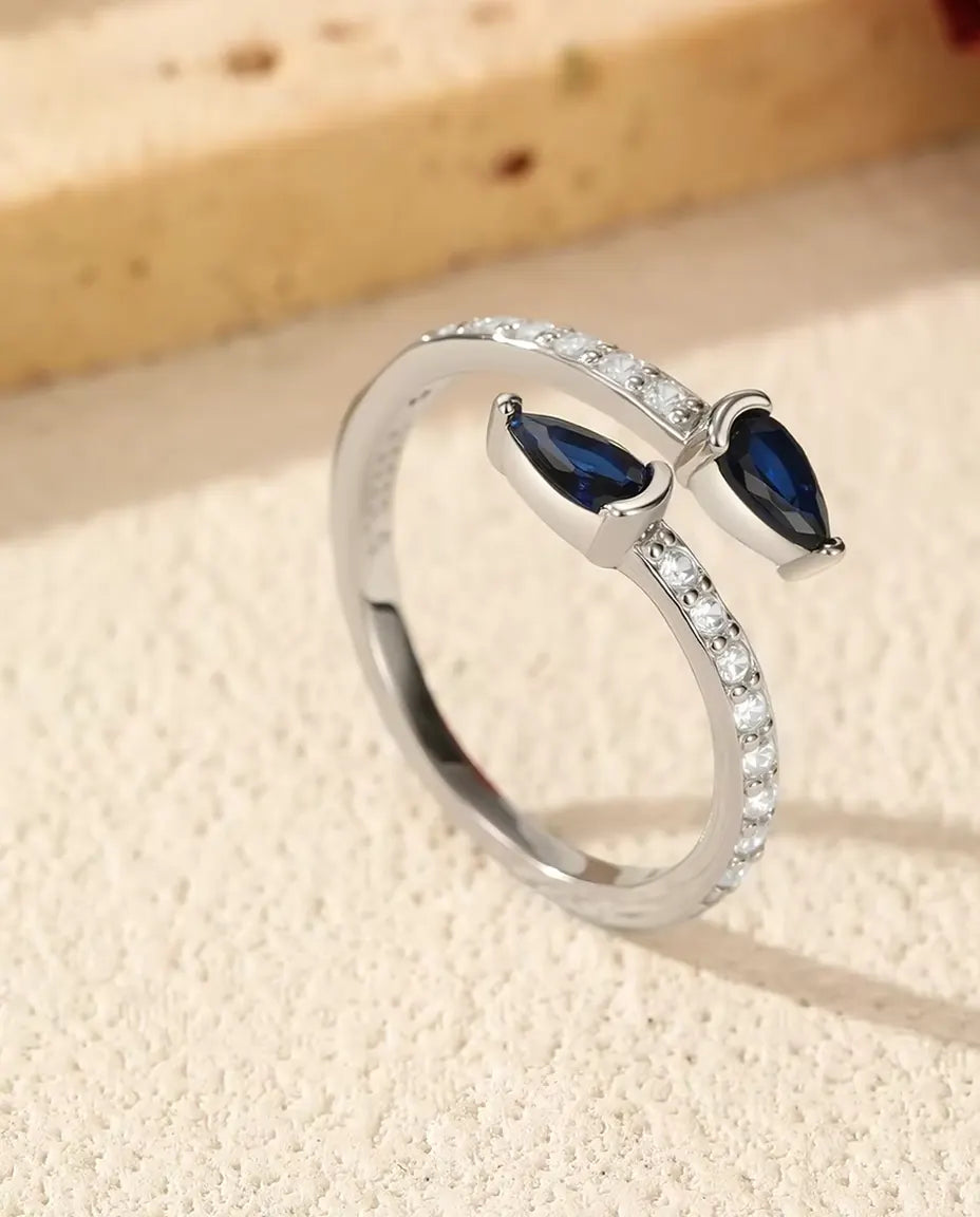 Blue Pear Bypass Ring - Two Pear Cut Blue Stones on a Pave Open Band, 925 Sterling Silver, Adjustable