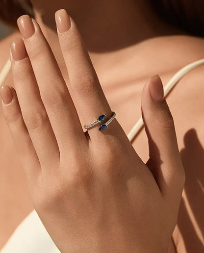 Blue Pear Bypass Ring - Two Pear Cut Blue Stones on a Pave Open Band, 925 Sterling Silver, Adjustable