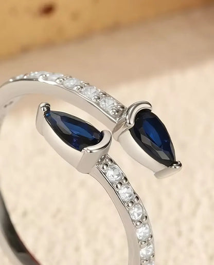 Blue Pear Bypass Ring - Two Pear Cut Blue Stones on a Pave Open Band, 925 Sterling Silver, Adjustable