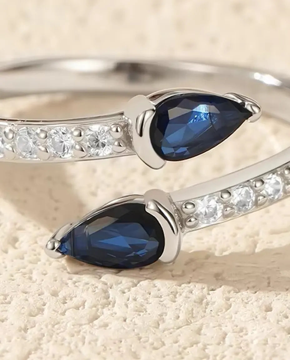Blue Pear Bypass Ring - Two Pear Cut Blue Stones on a Pave Open Band, 925 Sterling Silver, Adjustable