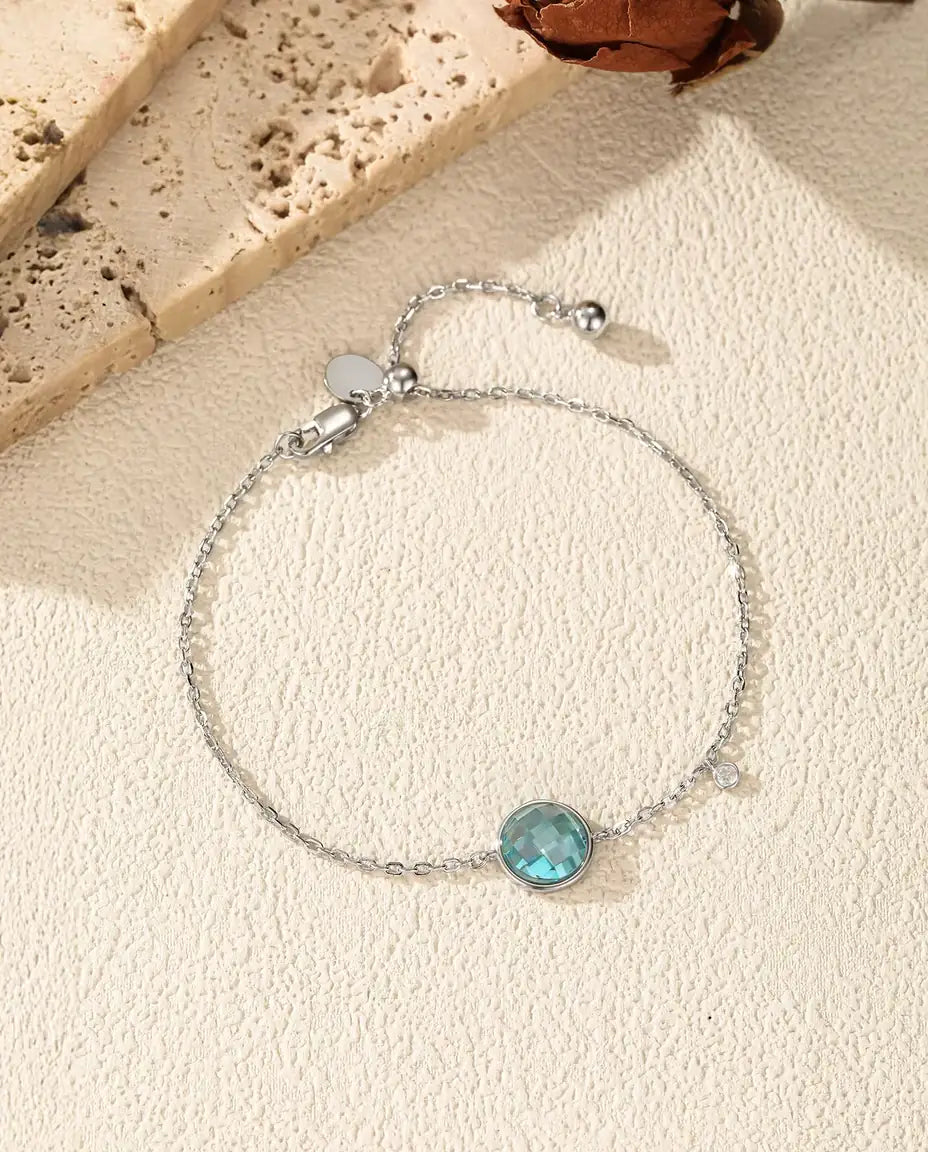 Blue Stone Bolo Bracelet for Women - 8 mm Checkerboard Cut Zirconia on an Adjustable Slider Chain, 925 Sterling Silver