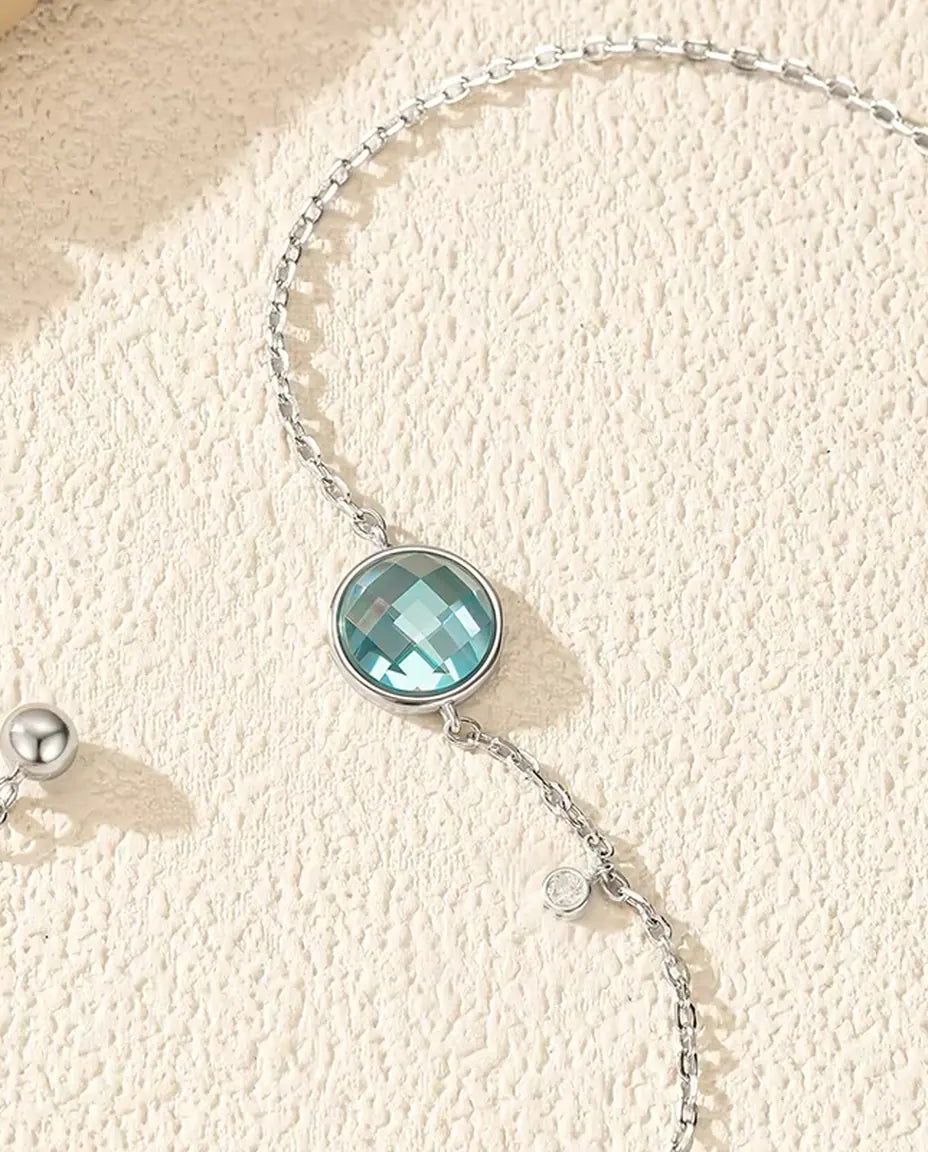 Blue Stone Bolo Bracelet for Women - 8 mm Checkerboard Cut Zirconia on an Adjustable Slider Chain, 925 Sterling Silver