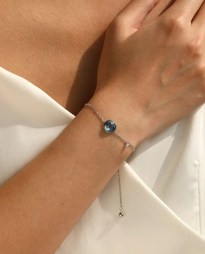 Blue Stone Bolo Bracelet for Women - 8 mm Checkerboard Cut Zirconia on an Adjustable Slider Chain, 925 Sterling Silver