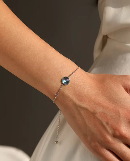 Blue Stone Bolo Bracelet for Women - 8 mm Checkerboard Cut Zirconia on an Adjustable Slider Chain, 925 Sterling Silver