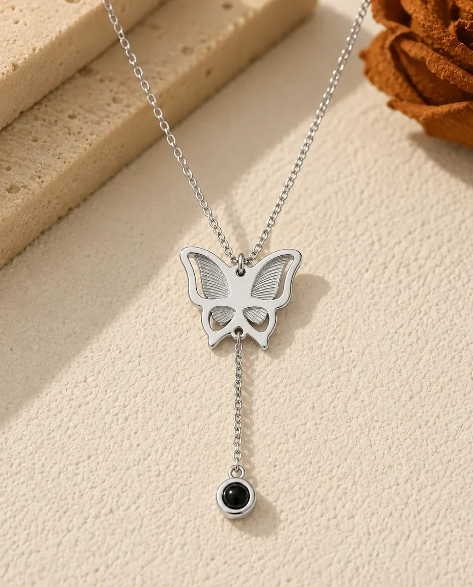 Personalized Butterfly Photo Projection Necklace - front view in silver