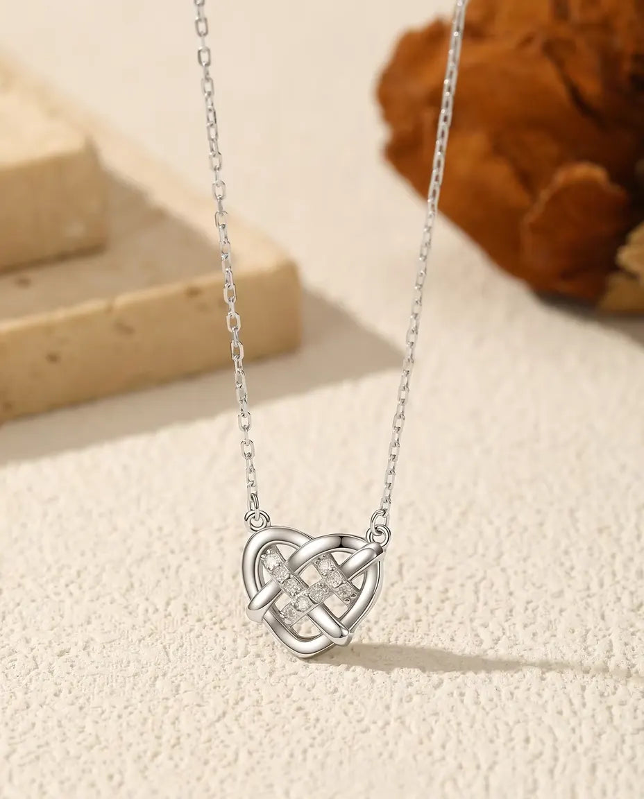 Celtic Love Knot Heart Necklace - Nine D Color Moissanites in 925 Sterling Silver, 15.7 to 17.7 in Chain