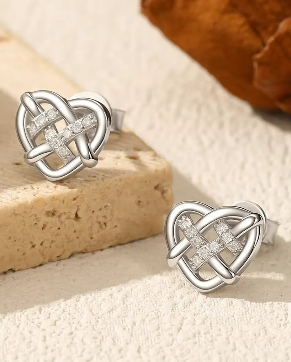 Celtic Love Knot Heart Stud Earrings - Eighteen D Color Moissanites in 925 Sterling Silver, 9 x 10 mm