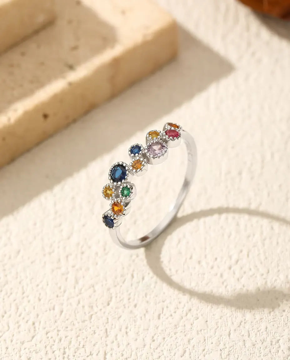 Colorful Zirconia Cluster Ring - Blue, Yellow, Green and Pink Stones with Milgrain Halos, 925 Silver, Sizes 5 to 9
