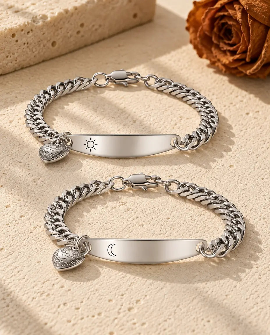 Couple Bracelets with Engraved Bar - matching pair laid flat