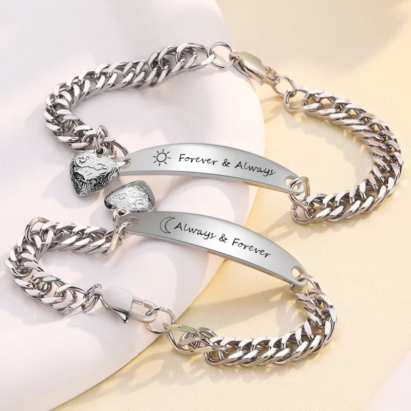Couple Bracelets with Engraved Bar – Heart Charm His and Hers Matching Set, Stainless Steel, 2 Pieces, Personalized Anniversary Gift