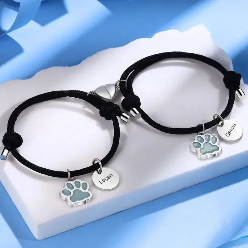 Matching Bracelets for Couples – Heart Magnetic Set with Engraved Name Charm, Stainless Steel, 2 Pieces, Personalized Anniversary Gift