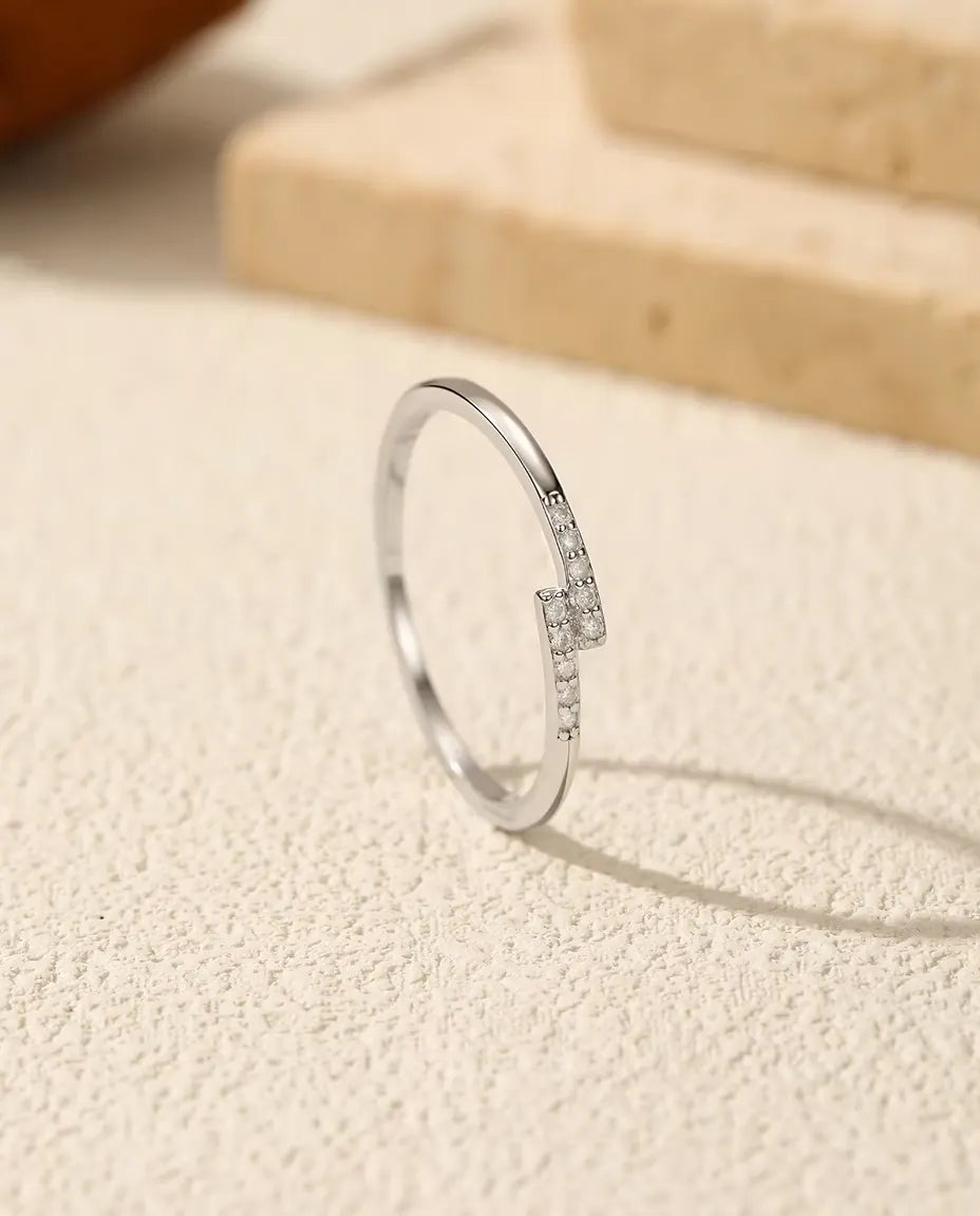 Crossover Moissanite Pave Ring - Dainty Stacking Band with 10 D Color Stones in 925 Sterling Silver, Sizes 5-9